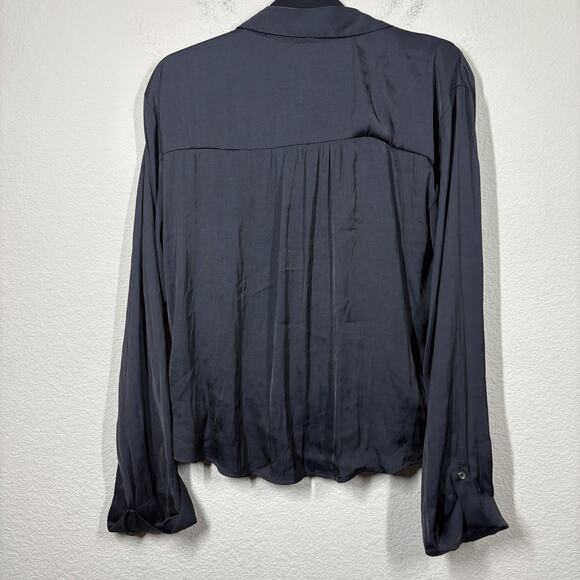 By Anthropologie Small Draped Crossover Roll Tab Sleeves Top Blouse Black - Picture 2 of 9